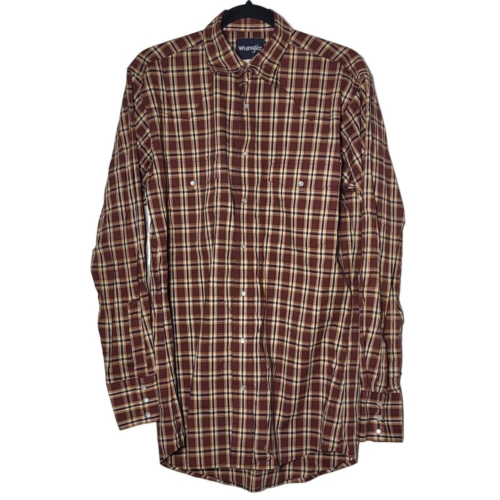 Wrangler Mens Plaid Pearl Snap Button Long Sleeve Shirt Medium Western Vintage